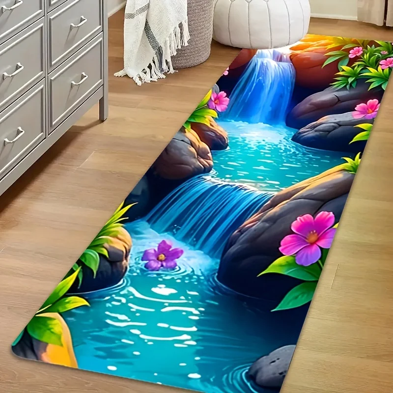 3D Waterfall Flower Print Diatomaceous Earth Kitchen Mat, Non-Slip Oil-Proof Waterproof Stain Resistant Long Floor Rug