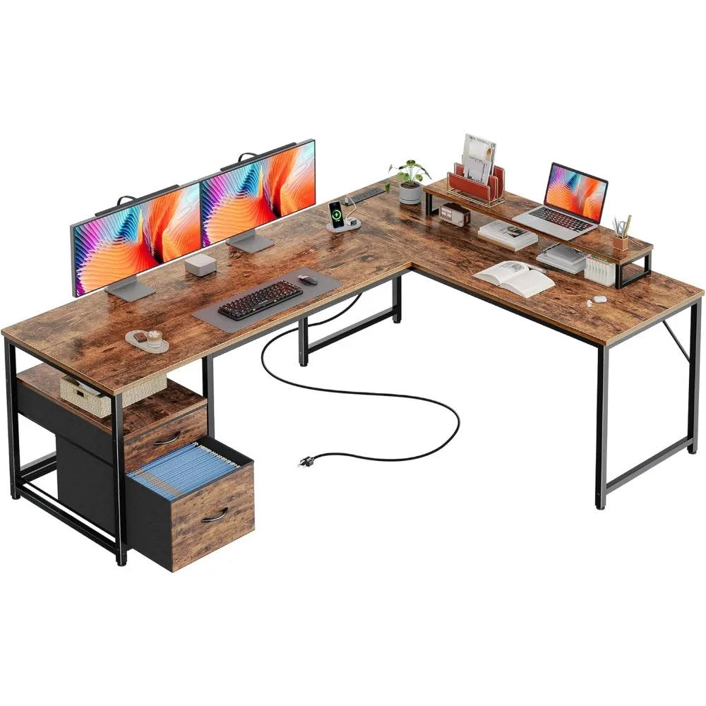 

63 Inch L Shaped Desk with Power Outlets and USB-C Port, Computer Corner Home Office Desk with File Fabric Drawers and Movable