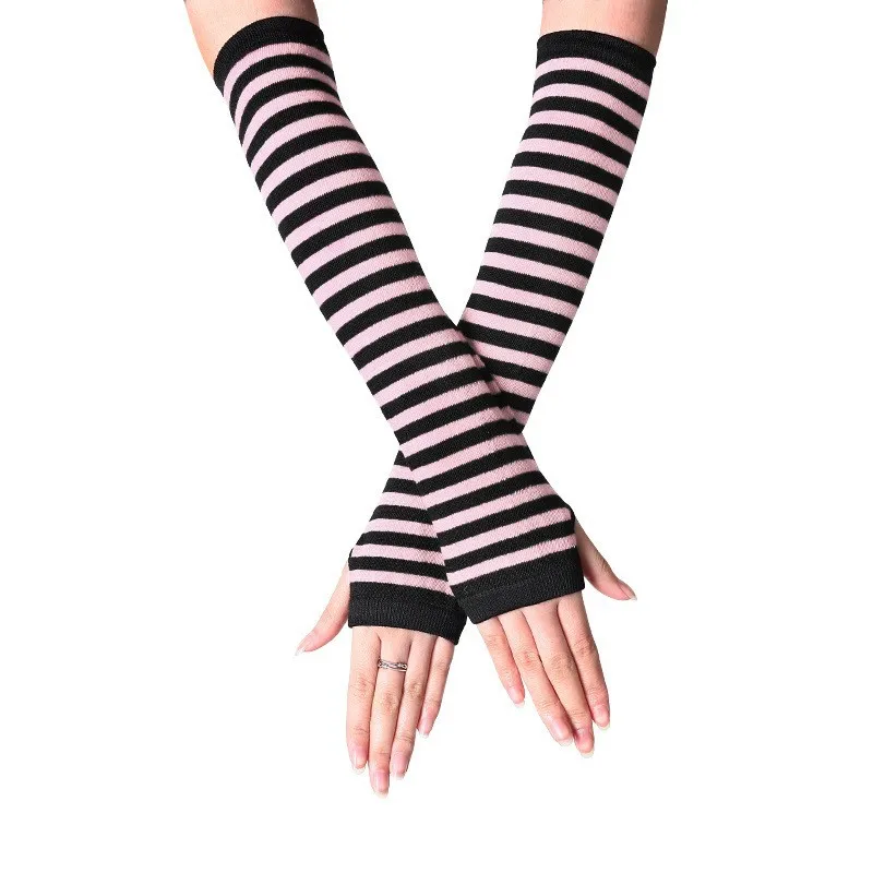 Schwarz-weiß gestreifte fingerlose Armwärmer für Damen, gestrickte lange Armstulpen, Gothic Punk Y2K Streetwear Cosplay Kostüm-Accessoires – Detail 12