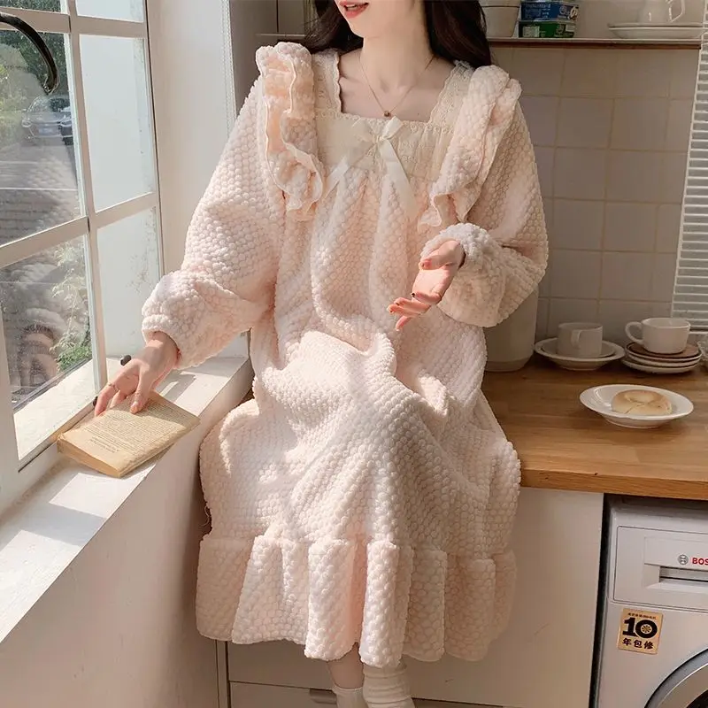 2026 Winter Long Sleeve Thick Warm Flannel Nightgowns for Women Cute Lace Coral Velvet Sleepwear Night Dress Nightdress Nighty