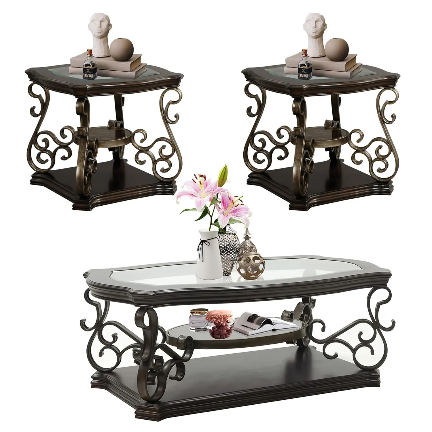 

3 Piece Coffee Table Set Retro Brown Glass Top Metal Frame Home Office Living Room Customized