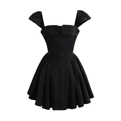 YENKYE Sexy Women Front Slit Button Chic Fit Slim Black Mini Dresses Cape Short Sleeve Low Waist Elegant Evening Party Dresses