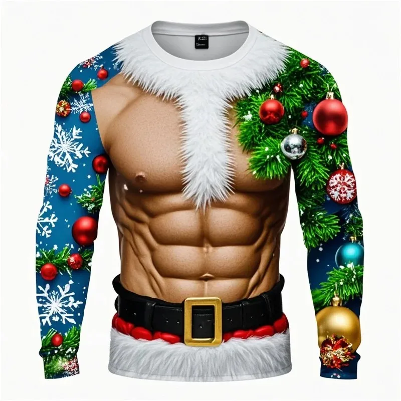 

New Man Creative Muscle Fun 3d Printed Christmas Crewneck Long Sleeve Casual Loose Fashion Personality Trend Plus-Size Top