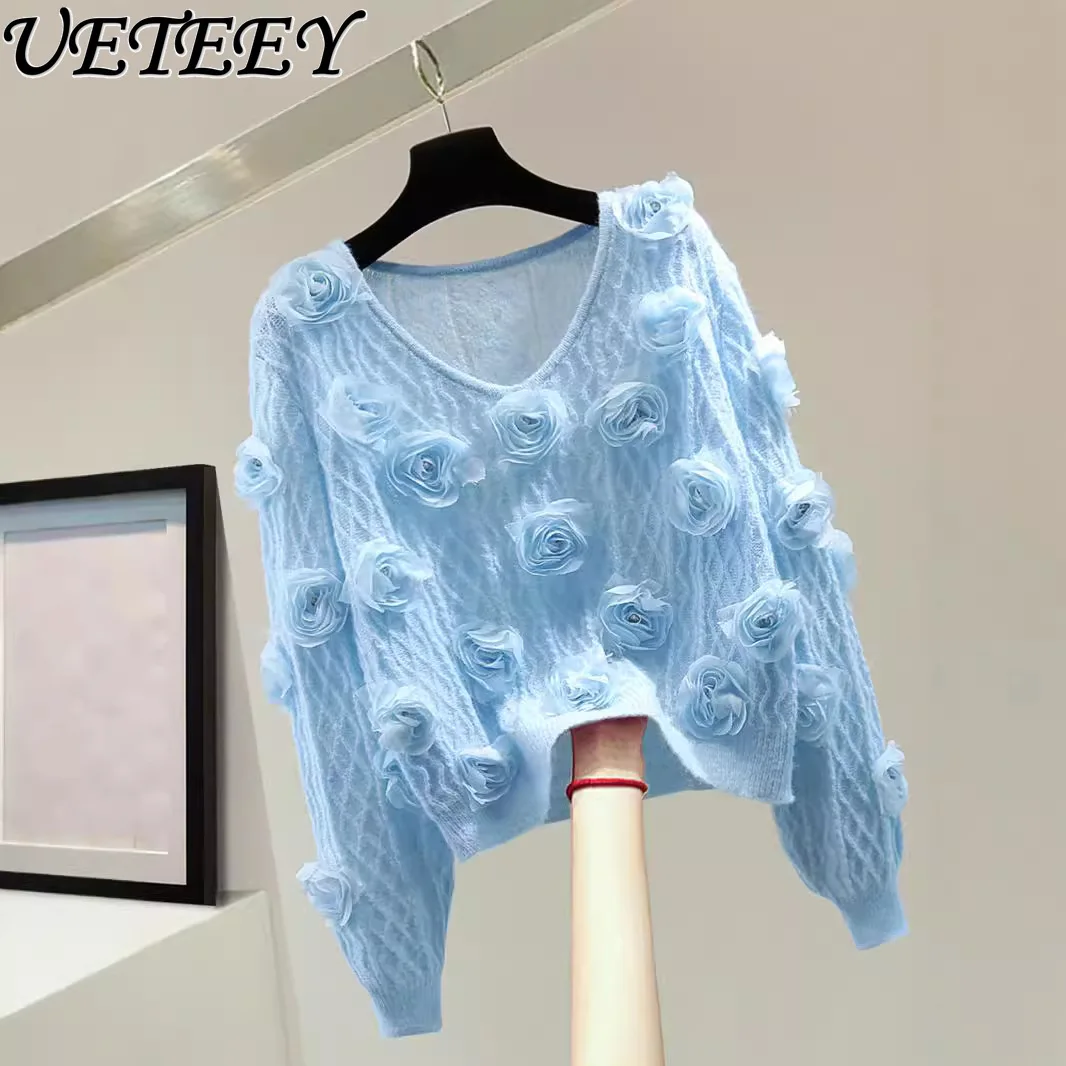 Heavy Industry Flower Diamond-encrusted Long-sleeved Top Autumn Winter Korean Version Loose High-waisted Short V-neck Sweater