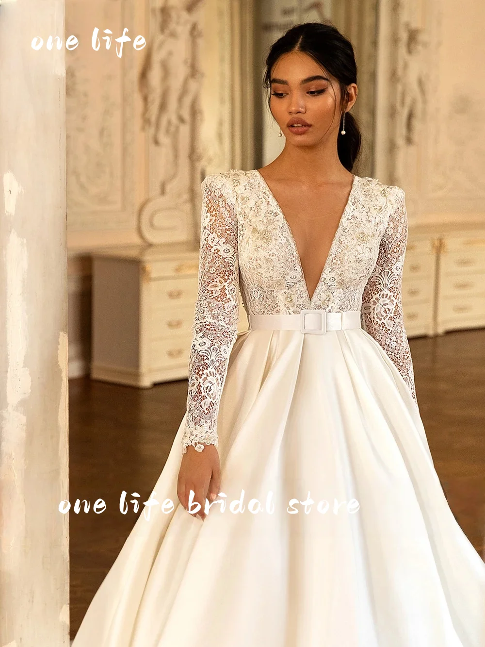 Onelife Custom Made High-end Satin Backless Bride Gowns Vestido de Noiva Deep V-Neck A-Line Full Sleeves Wedding Dress