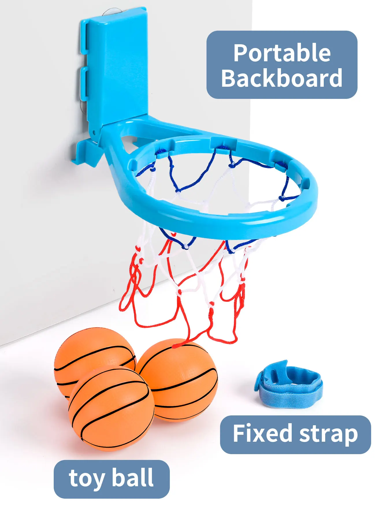 Dual purpose bathroom basketball frame, equipped with 3 basketballs, with suction cups and straps, suitable for multiple scenari