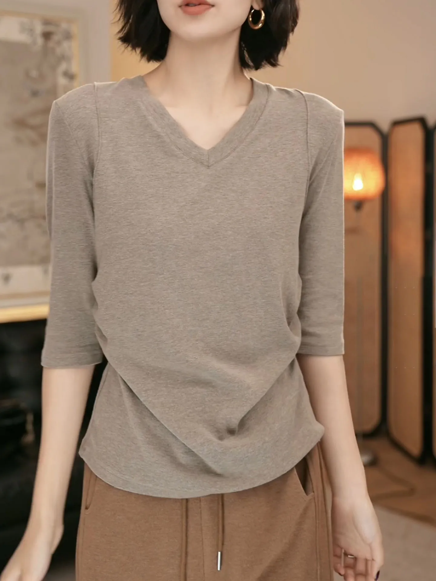 

Khaki Simple V-ne Mid-sve Slim Fit Women's Base irt Faionable Inner Wear Autumn Winter Pure Color Top