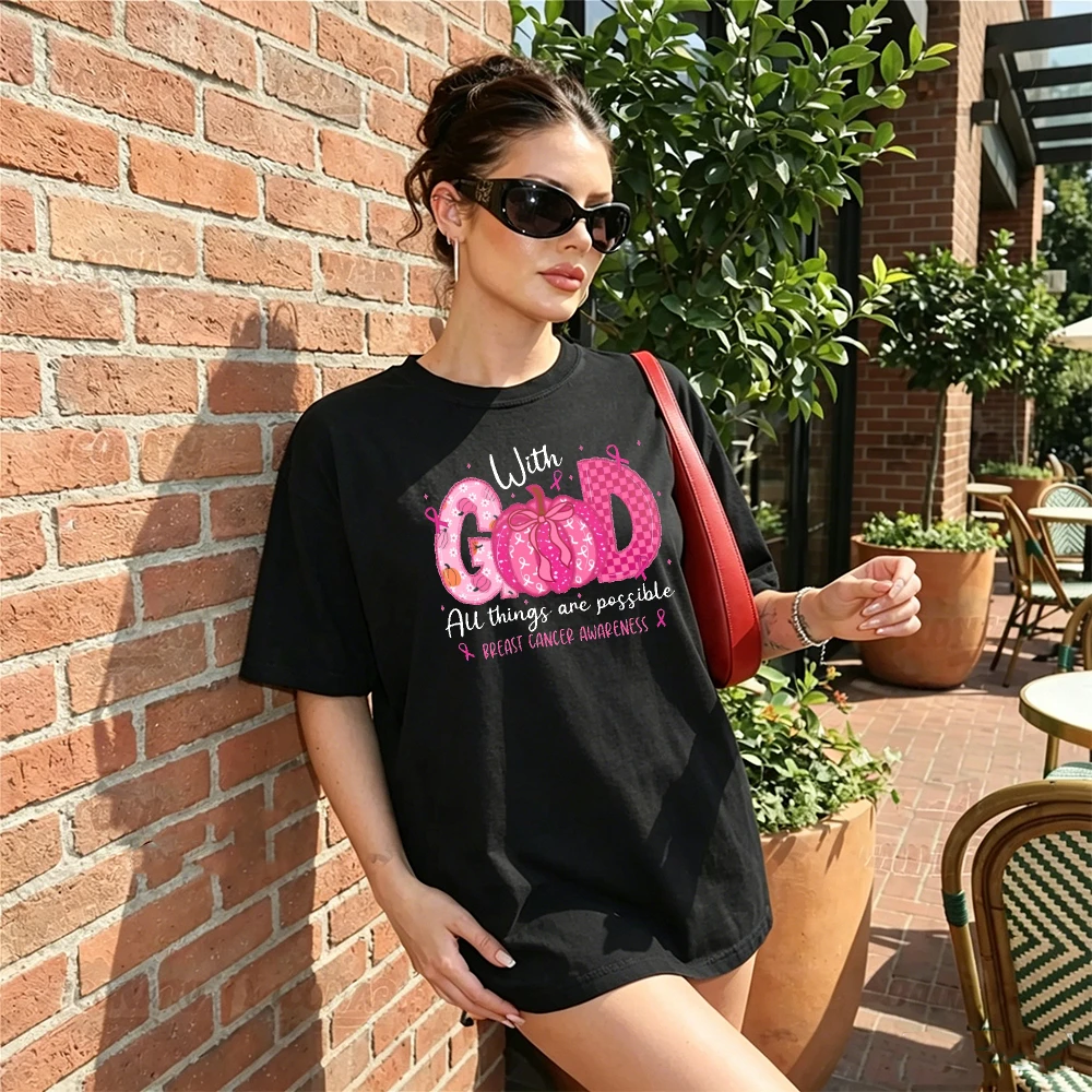 With God All Things Are Possible Pumpkin T Shirt Women Breast Cancer Awareness Ribbon Gift Autumn Holiday Wear