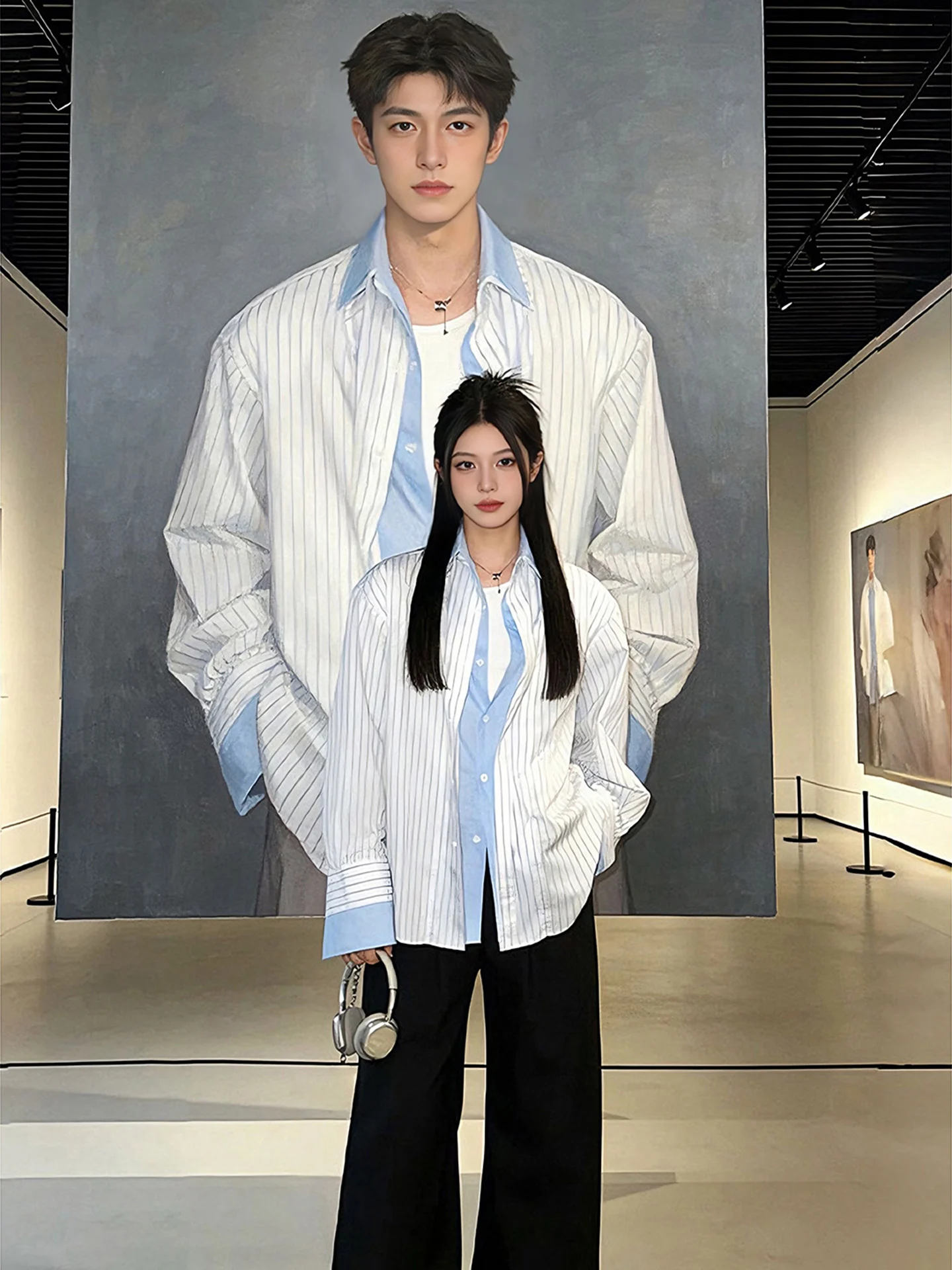 

Белая полосатая рубашка с длинным рукавом и накладными плечевыми вставками, имитация двухслойности, весенняя модная мужская верхняя одежда в корейском стиле, дышащая, приятная к телу.