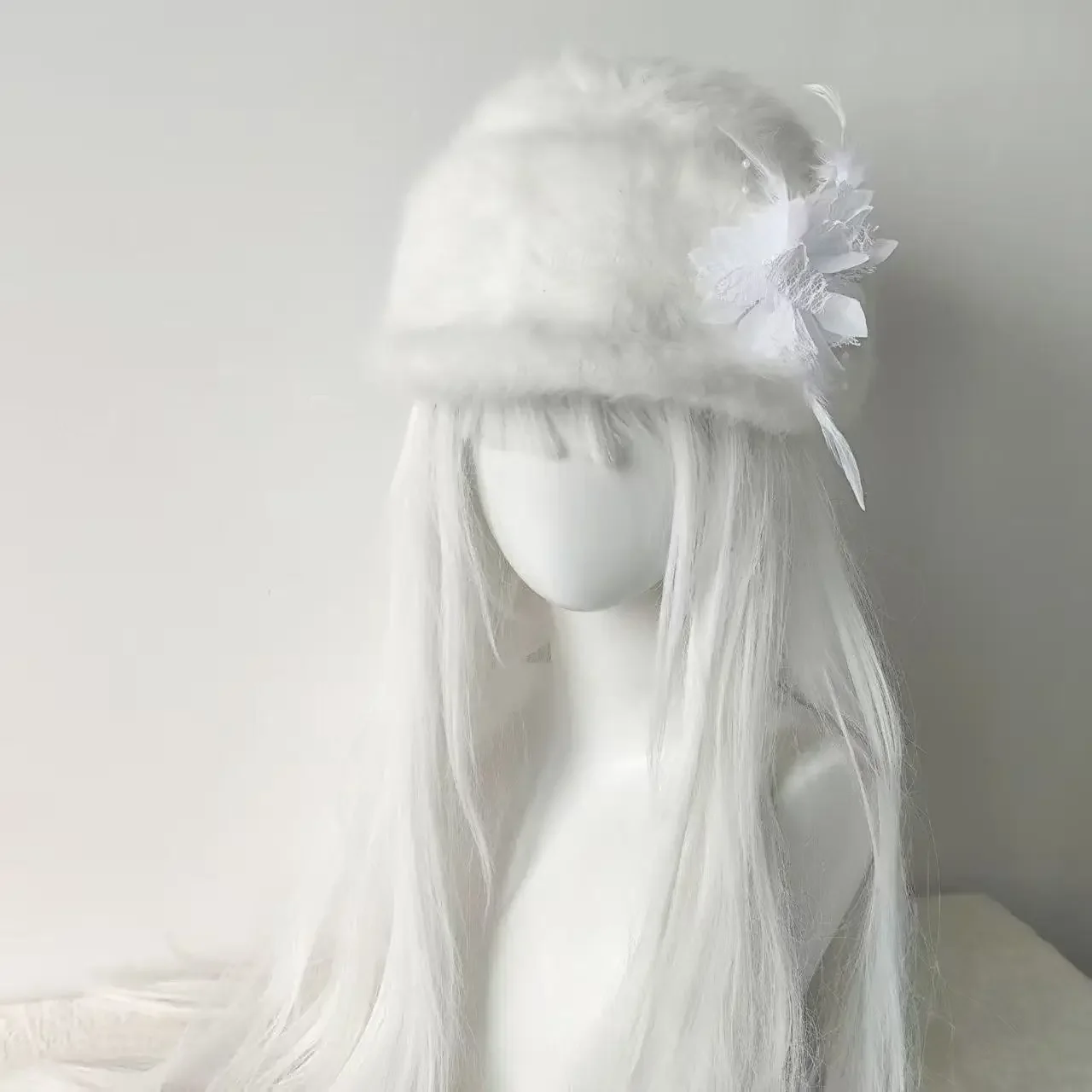 Elegant Lolita Girl White Color Feather Knit Beanie Winter Hat Slouchy Warm Retro Beret Beanies Skull Cap for Cold Weather