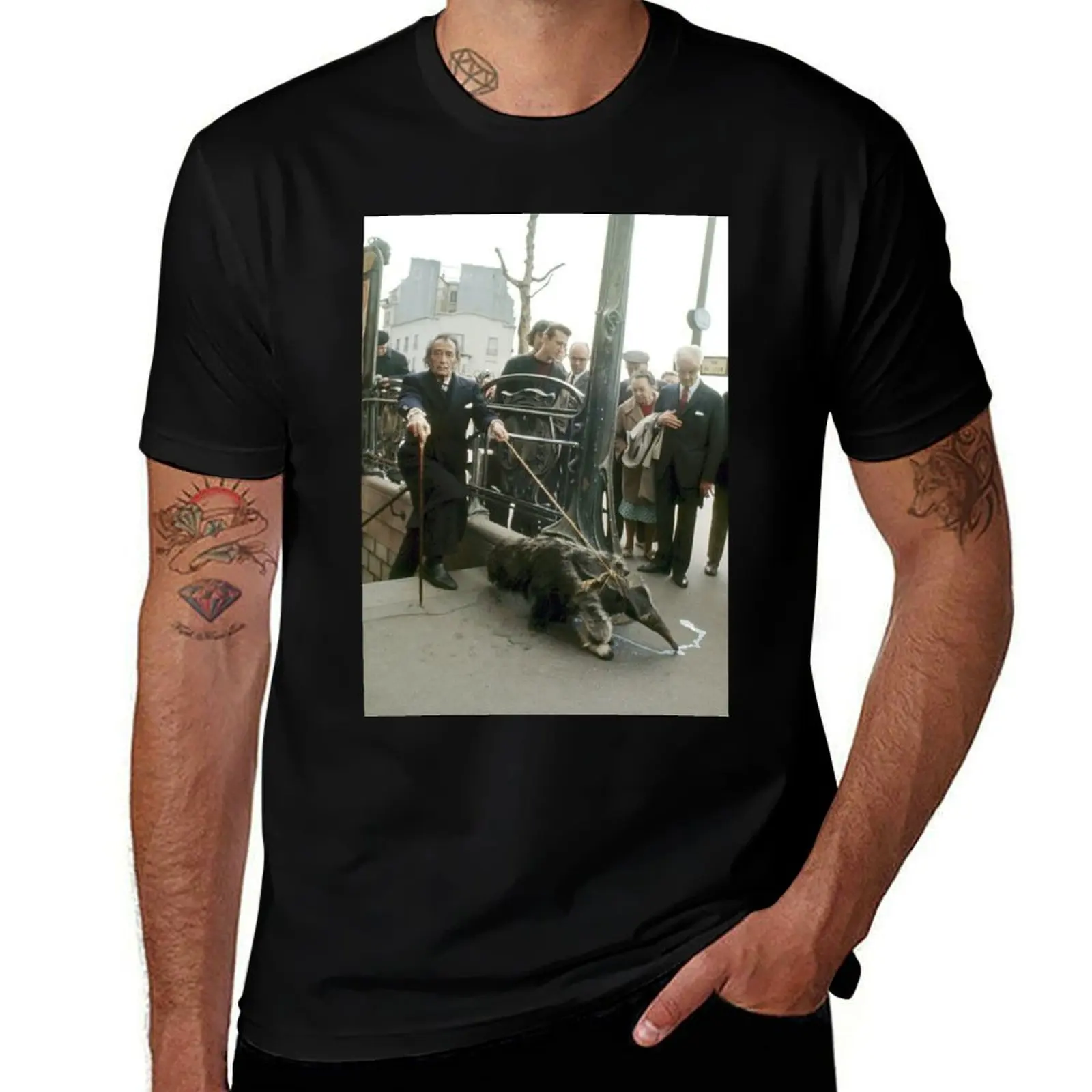 

Salvador Dalí Takes His Anteater for a Stroll in Paris, 1969 T-Shirt Large Size Breathable Tee