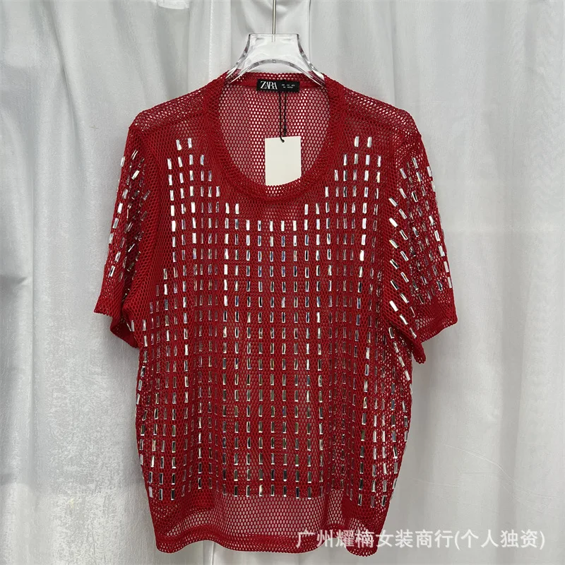 Shiny Glass Drill New Spring Summer Loose Short Sleeve T-shirt All-match Round Neck Hollow Out Perspective Mesh Tees Casual Tops