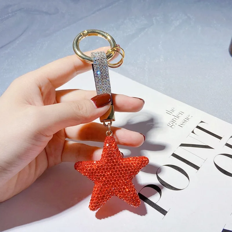 Creative full diamond five pointed star keychain with double-sided clay inlaid diamond bag pendant, couple keychain