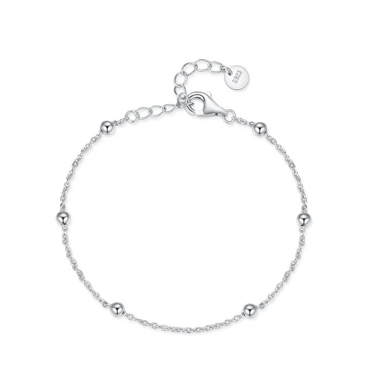 

Japanese Korean Style 925 Sterling Silver Women Simple Plain Beaded Silver Chain Bracelet