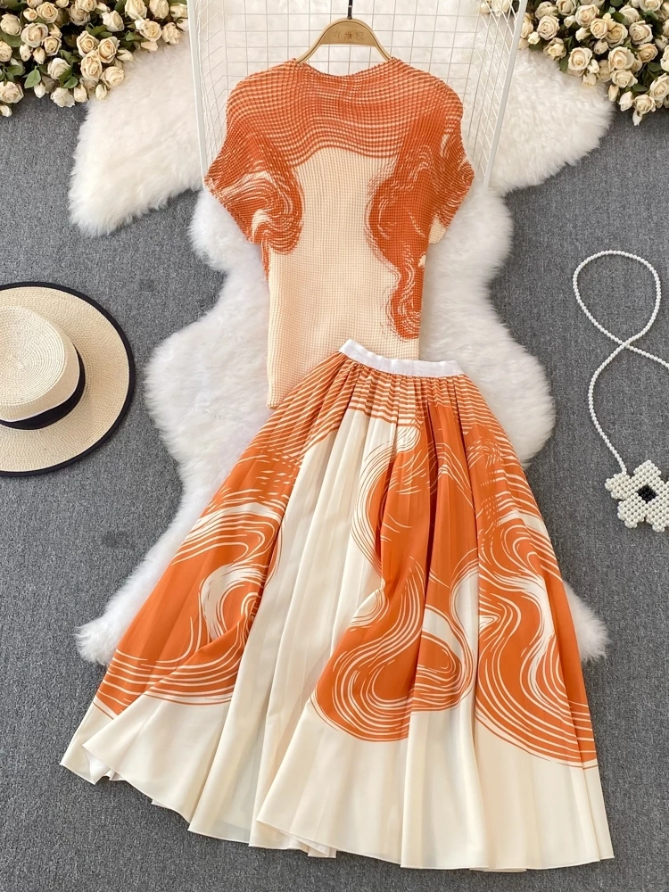 

New Summer 2pcs Sets Women Casual Party Vintage Floral Print O-Neck Vest Top Tees Shirt Blouse Midi Pleated Skirt Suits Outfits