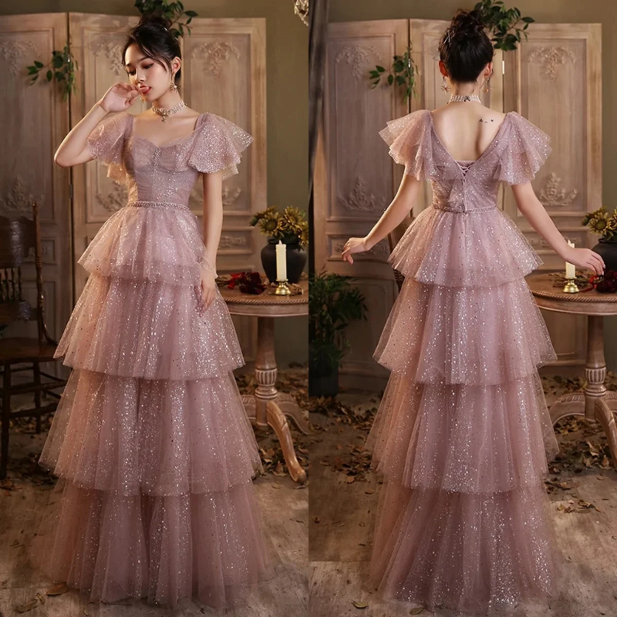 

Evening Dresses Dusty Pink Bing Square Collar Short Sleeves Plus size A-line Floor-length Tiered Woman Formal Party Gowns A326