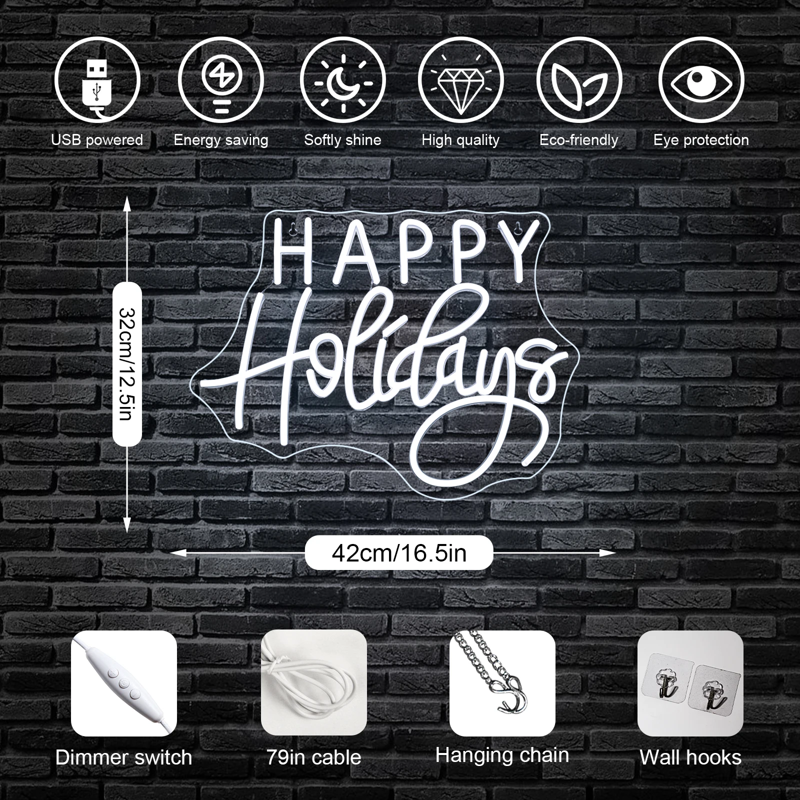 Happy Holiday Neon Sign USB Dimmable LED Light Up Sign Wall Decor For Christmas Party Windows Home Bedroom Bar