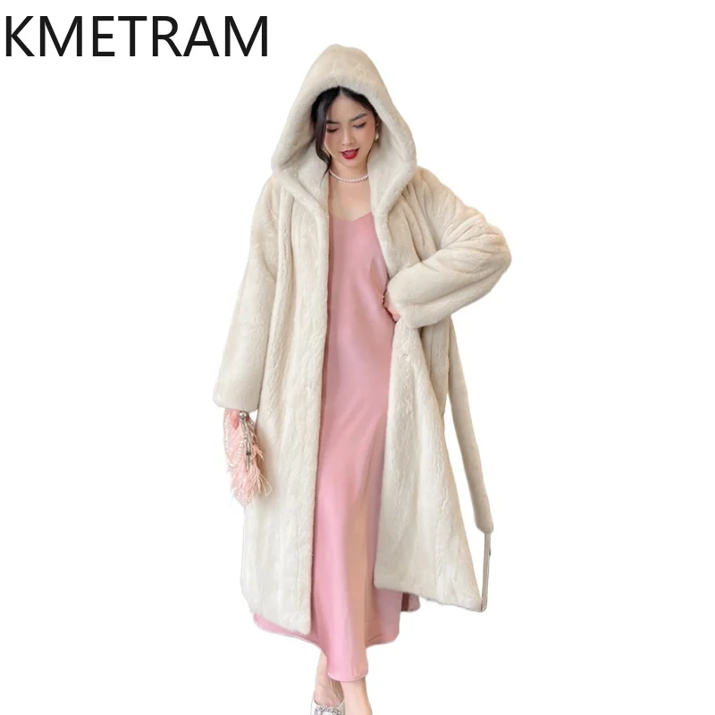 KMETRAM Velvet-grade 100% Natural Mink Fur Jacket Woman Luxury Long Real Mink Fur Coat with Belt Winter Women Clothing 2026 шуба