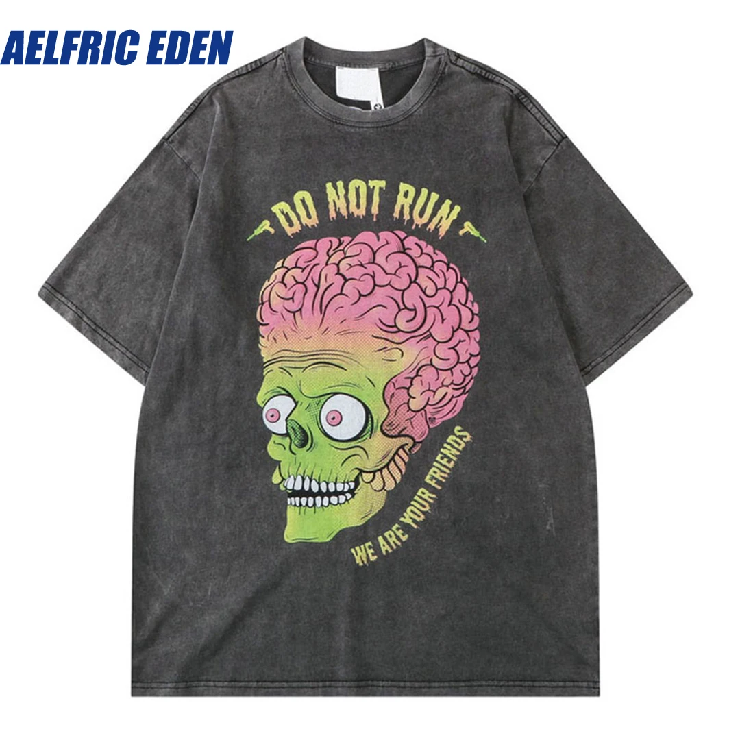 Aelfric Eden Funny Brain Zombie Print Distressed Punk Gothic Tee Shirts Punk T-Shirt Hip Hop Streetwear Harajuku Casual T Shirt