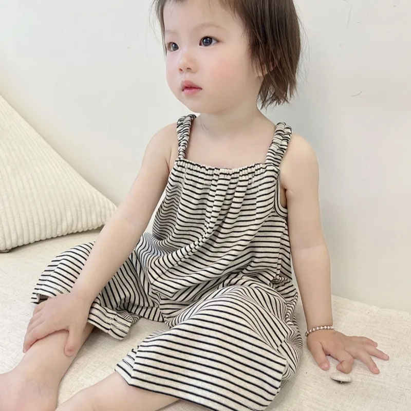 Summer New Girls Overalls Girls Striped Casual Pants Kids Boys Versatile Strap Trousers Baby Thin Jumpsuit Girls Jumpsuit