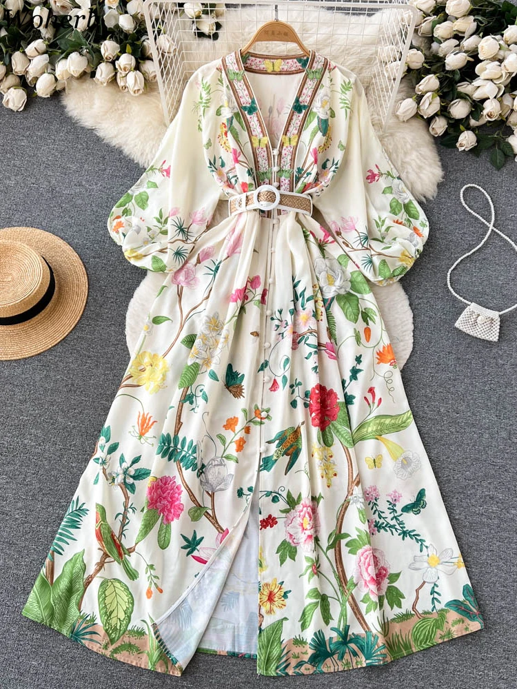 2024 Bohemian Maxi All Match Dresses for Women Chic Vintage Flower Robe Femme V Neck Single Breasted Belt Temperament Dress WJ