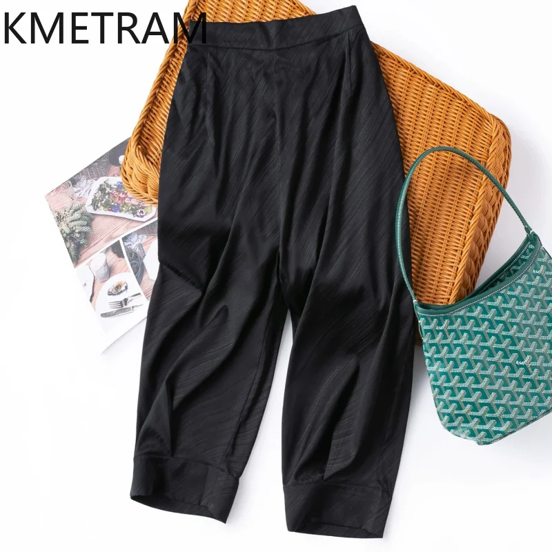 KMETRAM 19MM 93% Natural Mulberry Silk Pants for Woman Casual Black Cropped Trousers Summer Harem Pants Woman Clothes 2026 штаны