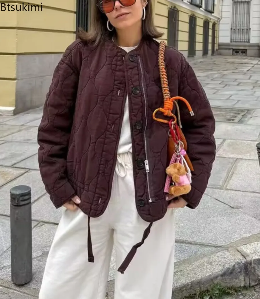 

New 2025 Women Autumn Winter Casual Quilting Jacket Parkas Front Button Long Sleeve O Neck Casual Vintage Cotton-padded Clothes