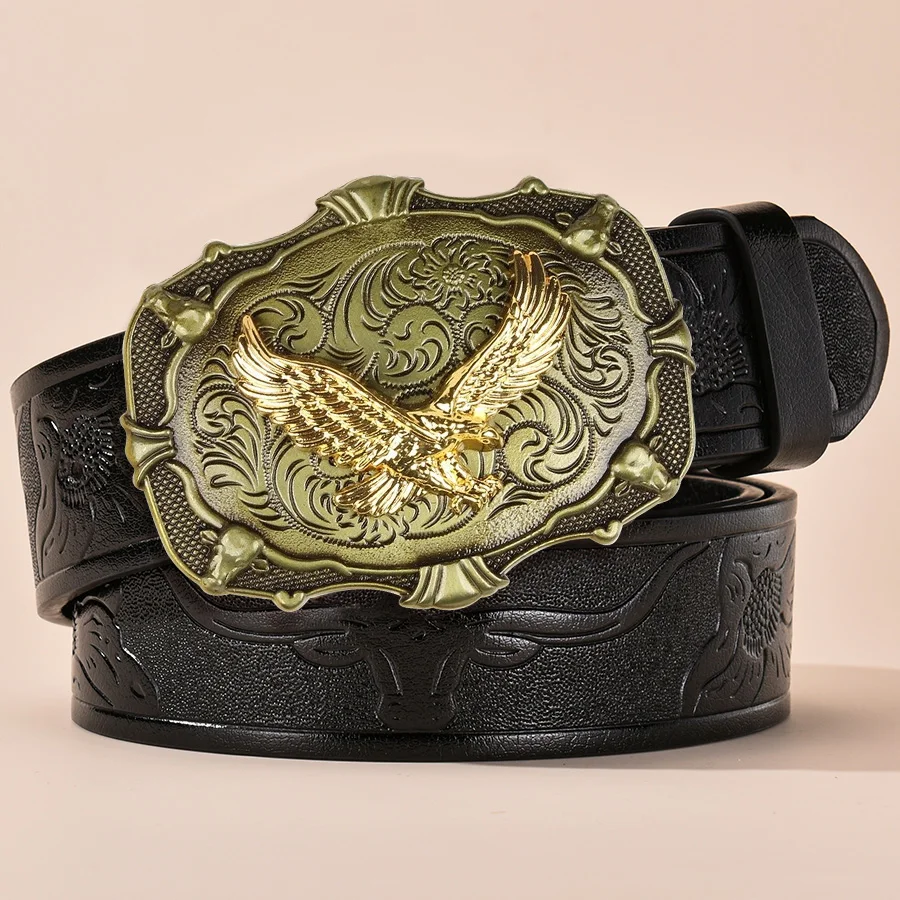 1pc Men's Western-Style Belt, Golden Eagle, Carved Floral Patterns and Long Horn Decorations, Retro Style, Great Valentine's Day