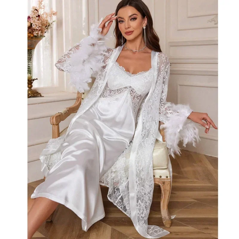 

Свадебный халат невесты, ночная рубашка, комплект из 2 предметов, сексуальный кружевной длинный халат, кимоно, элегантное белое платье для сна, домашнее платье, свободная одежда для дома