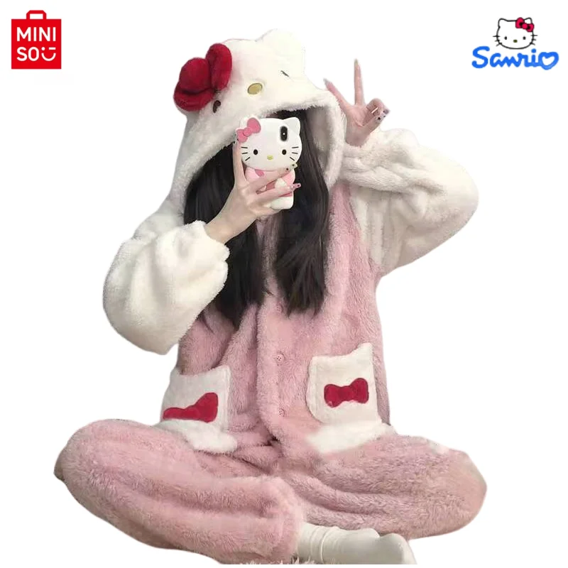 Sanrio Hello Kitty Strickjacke Robe Fuzzy Kuromi Kawaii Anime Cartoon Mädchen Pyjamas Tragen Umhänge Umhänge Kapuzenponchos Paar Geschenke