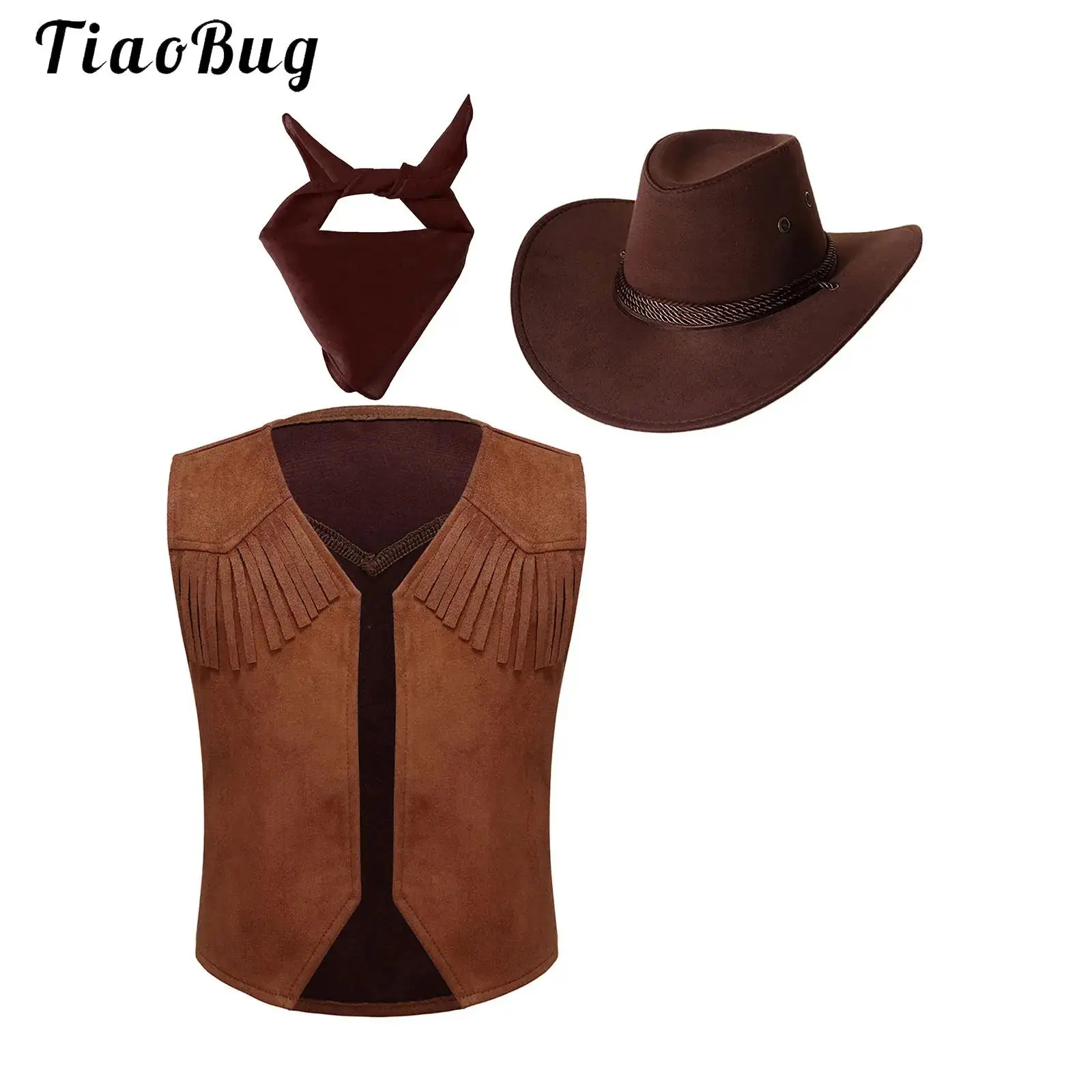 

Kids Wild West Halloween Cowboy Cowgirl Costume Carnival Party Fancy Dress Up Clothes Fringe Open Front Vest Waistcoat Set