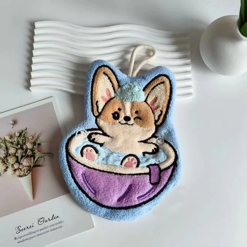 Cartoon Corgi Bath Wipe Coral Velvet Hangable Water Absorption Quick Drying Cute Children's Face Wash Towel Household Towel