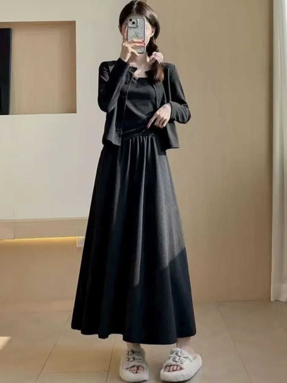 Fall 2026 Women's Knitted Open Cardigan Strap High Waist Skirt Three Piece Set Korean Style Casual Fashion Warmth Full of Per...