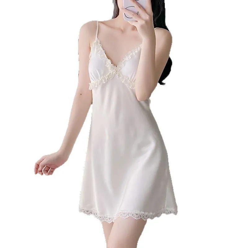 

Новая женская сексуальная ночная рубашка из ледяного шелка на подтяжках, тонкая пижама, весенне-летнее кружевное платье