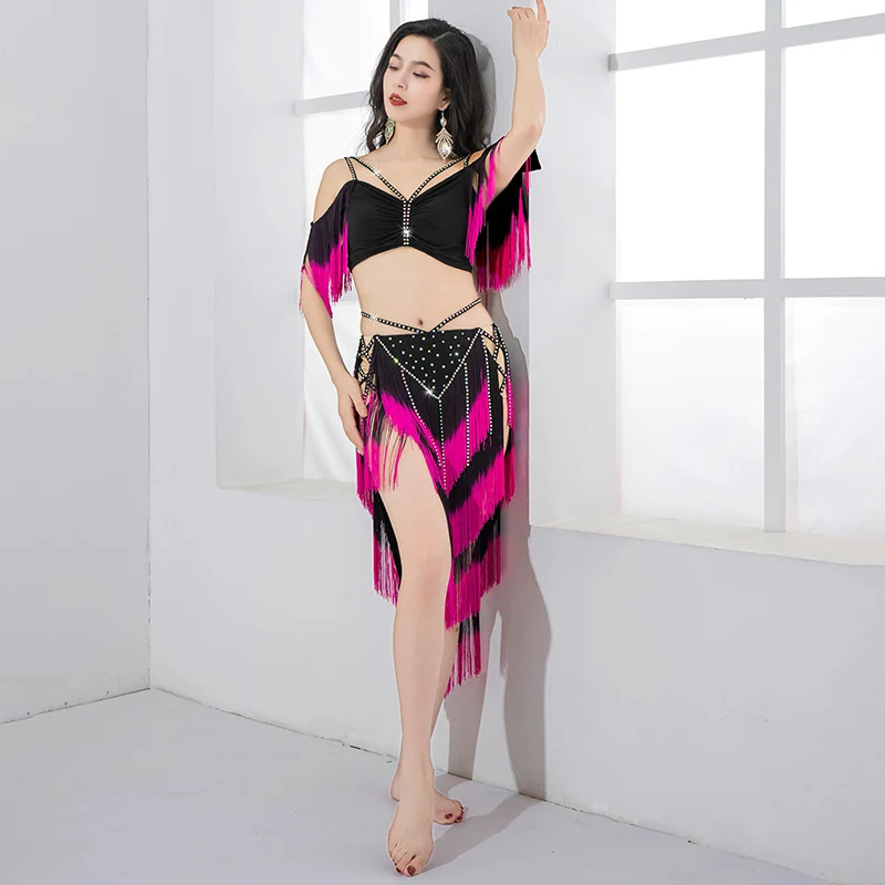 New belly dance practice clothing with contrasting colors, dynamic tassels, and Latin inspired fusion practice set