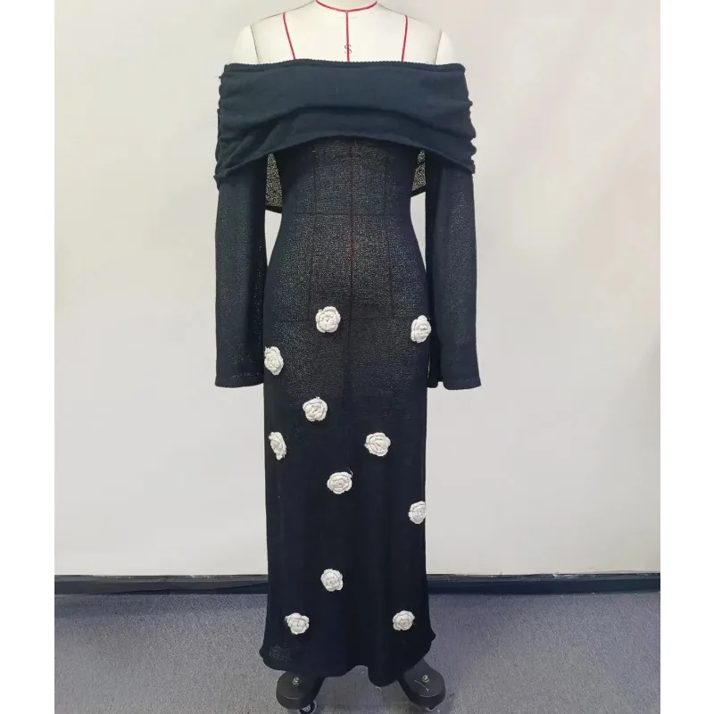 Mulheres fora do ombro de malha vestidos longos elegante flores decoração magro vestido de praia verão moda chique férias bikini cobrir