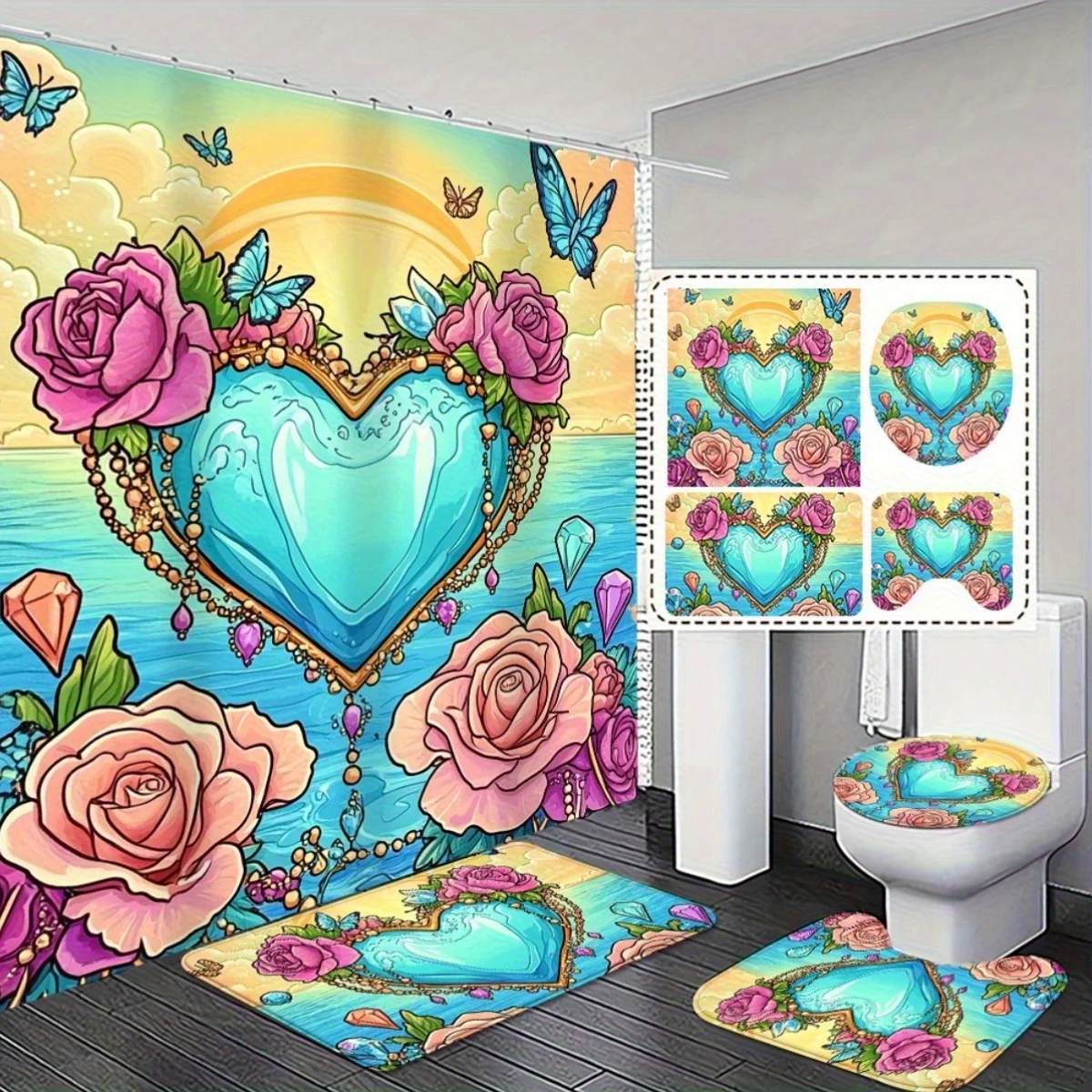 

4 шт. Элегантная занавеска для душа в форме сердца и набор нескользящих ковриков для ванной — романтический дизайн заката и бабочки, яркий цветочный акцент