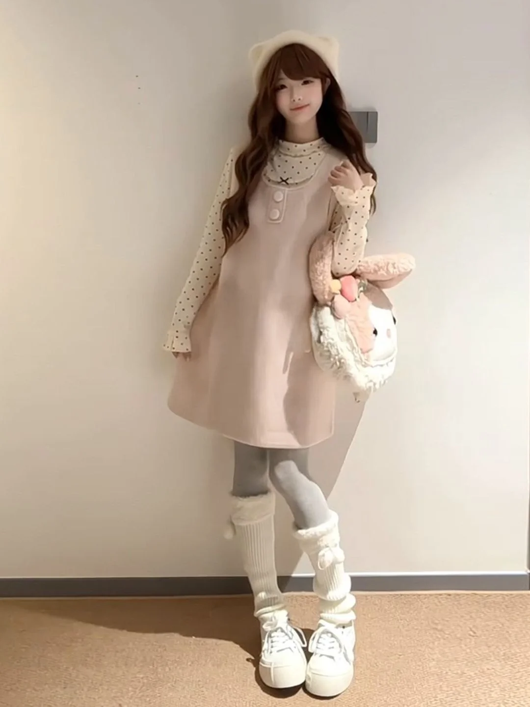 

Cute Sweet Sister Polka Dot Base irt Pink Vest Dr Two Piece Set Women's Faion Spring Autumn ort Sve Princ Sle