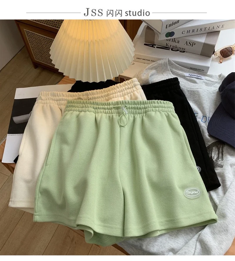 Damen Casual Sweat-Shorts mit elastischem Bund und Kordelzug, lockere Sportshorts, einfarbig, hohe Taille, Streetwear, kurze Hosen für den Sommer – Detail 5