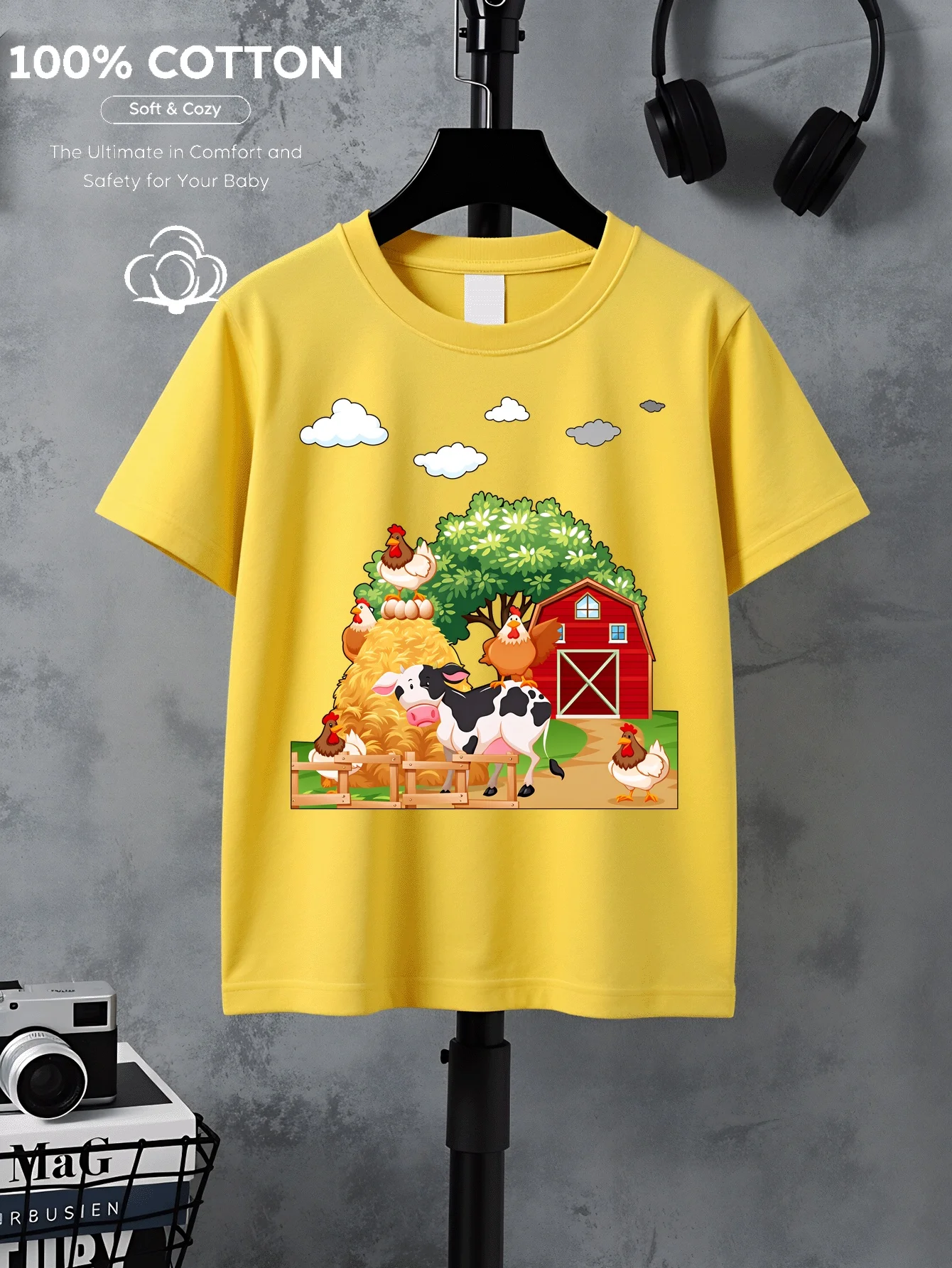 Farm Animals, Barn Trees, Machine Washable Outdoor Activity Tops, Comfortable and Fun Printed Parent-child T-shirts