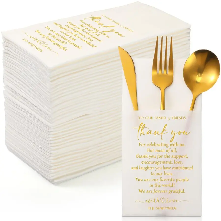 

100 Plain Thank You Wedding Napkins Cocktail Napkins Newlyweds to Family Friends Guests with Built in Flatware Pocket Tissues Br
