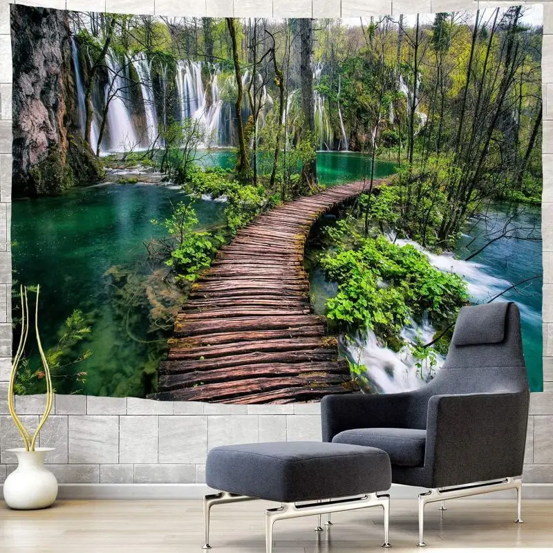 VIKAMA Autumn Valley Stream Snow Mountain Tapestry Natural Scenery Photography Background Cloth Wall Decoration Room Decoration