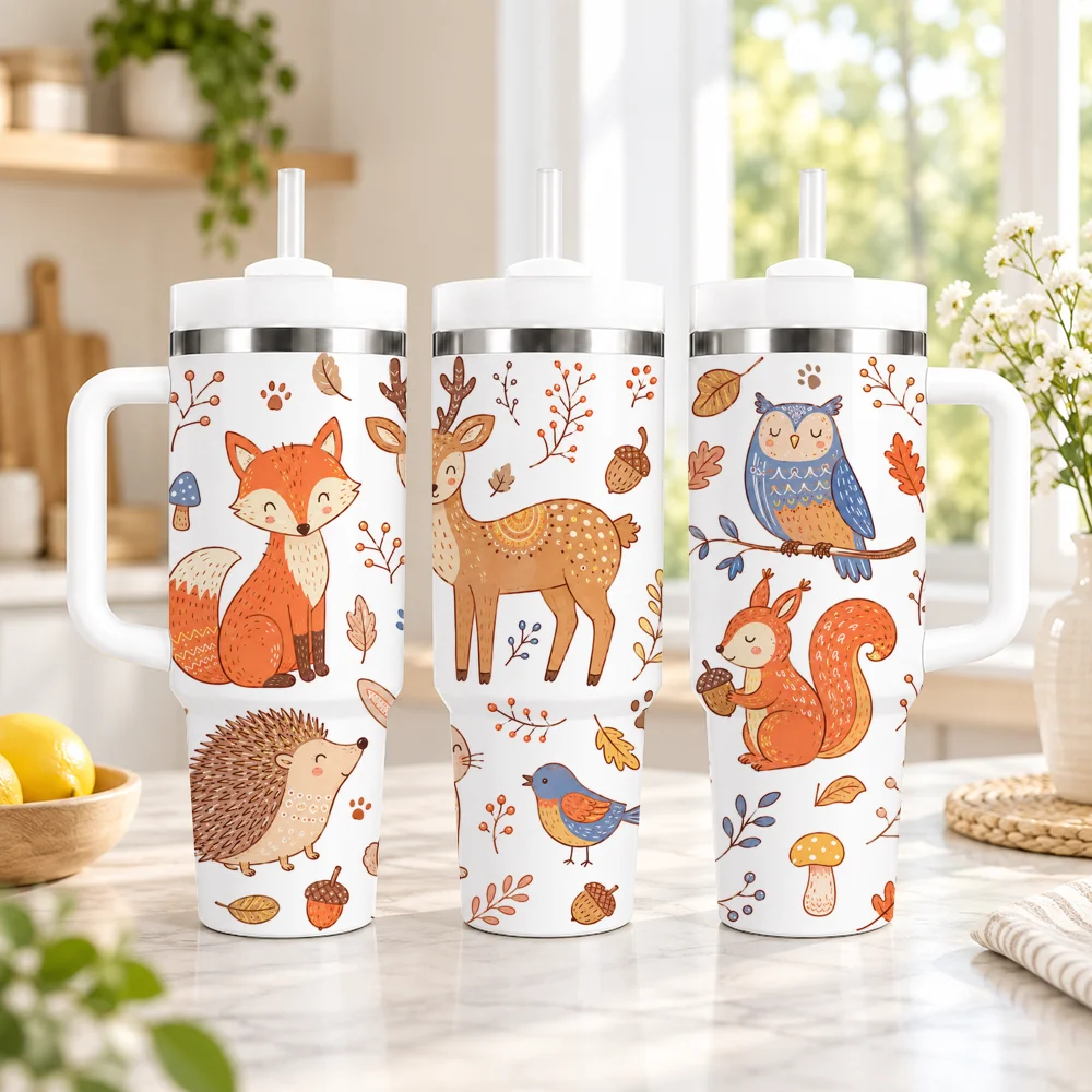 Cute Animal Kids Collection Vacuum Flasks 40oz em Aco Inoxidavel com Alca e Canudo, Caneca de Viagem a Prova de Vazamentos