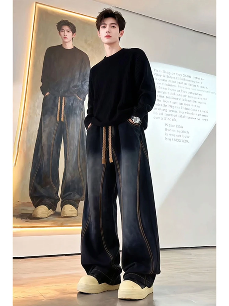 

Bla Slanted Cut Knife Jeans Men Spring Autumn Cool Teenage American Sle High Street Retro Wide Leg Long Pants