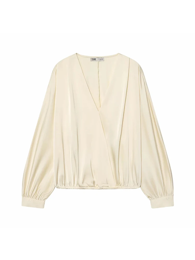 

Women Elegant V-Neck Chiffon Blouse Women's Spring Feel Stylish Lantern Sleeve Blouse Female Vintage Satin Shirt