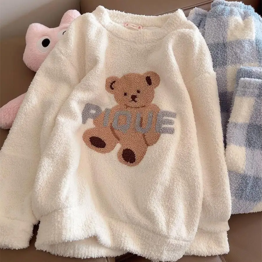 

MINISO женская осенне-зимняя коралловая бархатная толстовка в корейском стиле с милым медведем, женский комплект домашней одежды