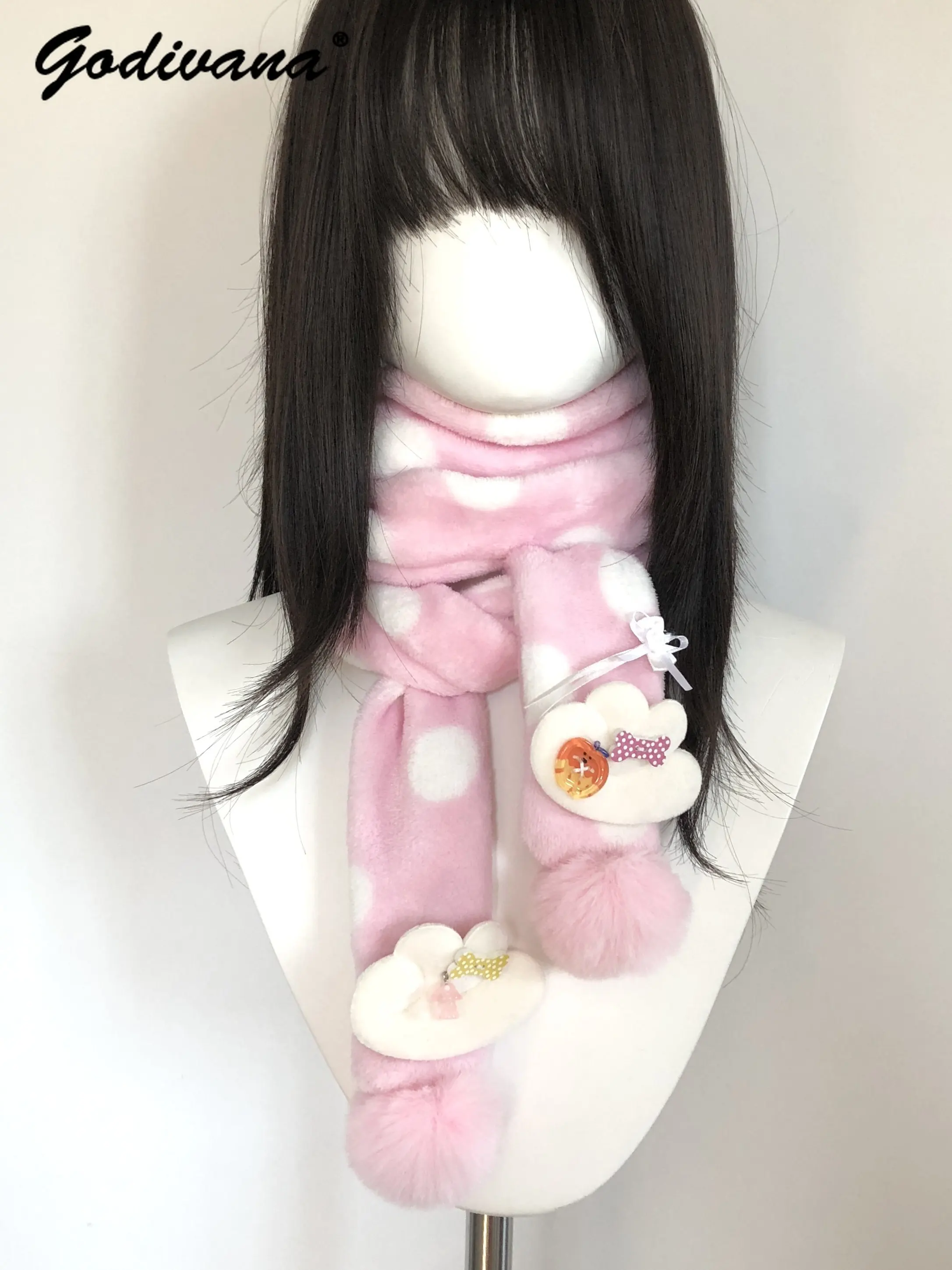 Original Pink Polka Dot Wing Scarf Japanese Cute Girl Women's Winter Scarf with Pink Pom Poms