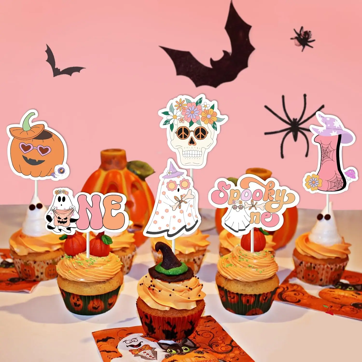 Kreatwow Spooky One Groovy Cupcake Toppers Groovy Halloween 1st Birthday Party Decor Birthday Boho Groovy Ghost One Bday Decor