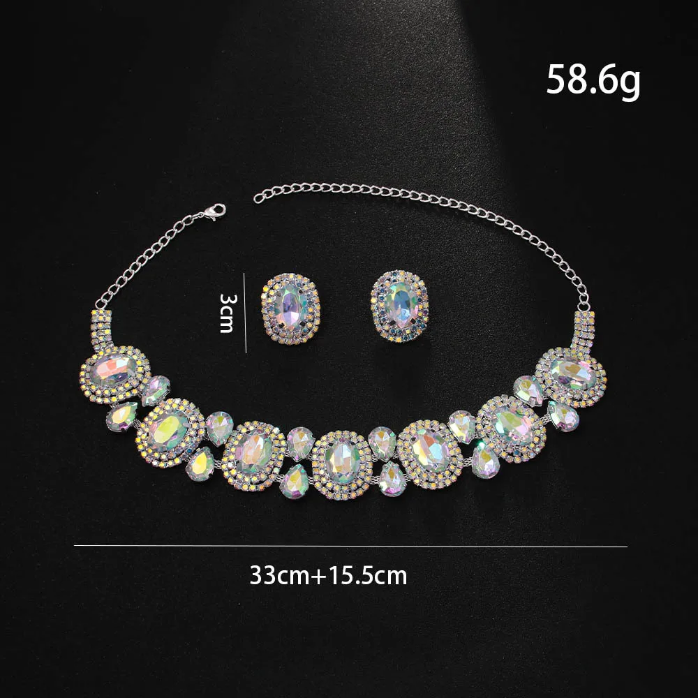 العروس حجر الراين البيضاوي قلادة طقم من الحلقان وصيفه الشرف مجوهرات الزفاف T المختنق قلادة حفلة موسيقية زي مجموعات مجوهرات ملونة