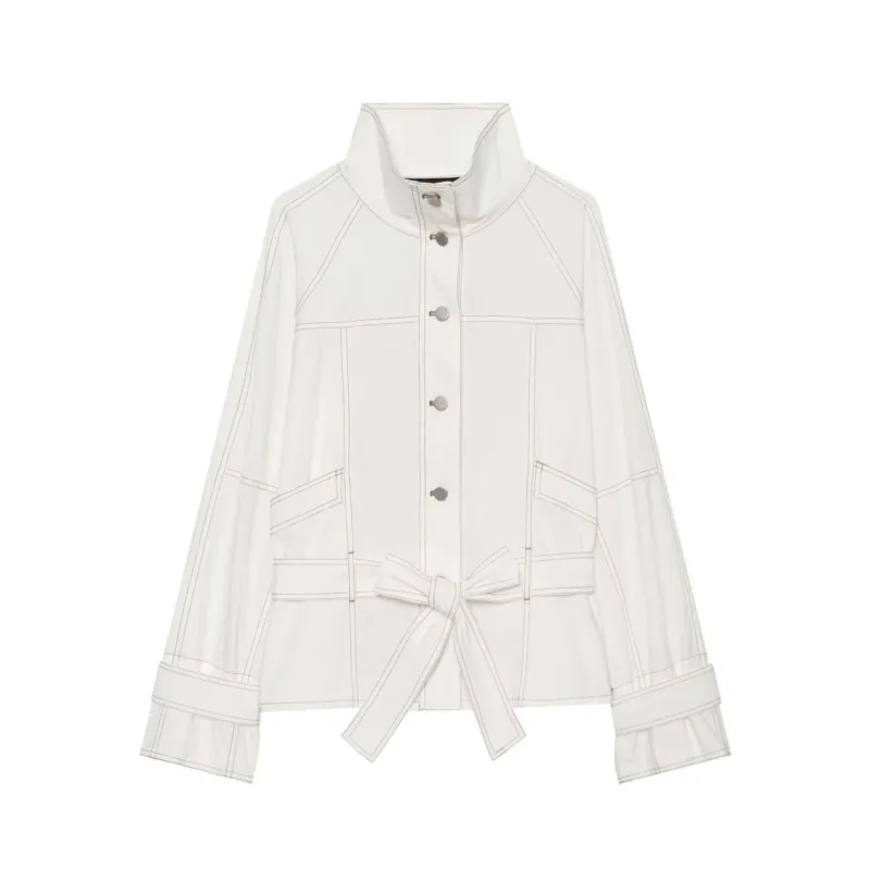 HipSeam Women's Contrast Jacket with Belt New 2026 Summer Stand-Neck Button Long Sleeve Lady Coats Chic Female Outerwear